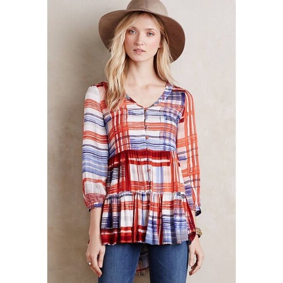 Maeve Anthropologie Lila Tiered Tunic Medium Boho Western Plaid  Top Red Blue - Picture 1 of 10